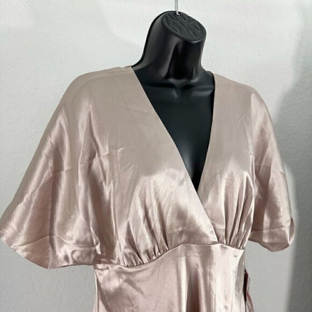 Birdy Grey Jesse Kimono Shiny Satin Flutter Sleeve Bridesmaid Dress Taupe Medium - Picture 5 of 11